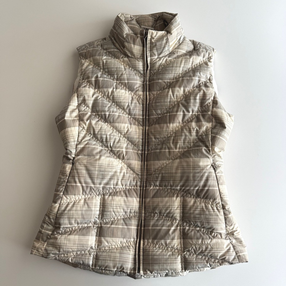 Patagonia Down With It Vest in Headlands Plaid‎ Driftwood No Hood wmn M